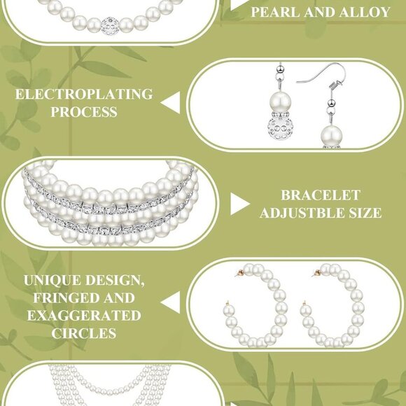 8 Pcs Pearl Necklace and Earrings Set for Women Faux Pearl Bracelets Costume Jew - Picture 3 of 5